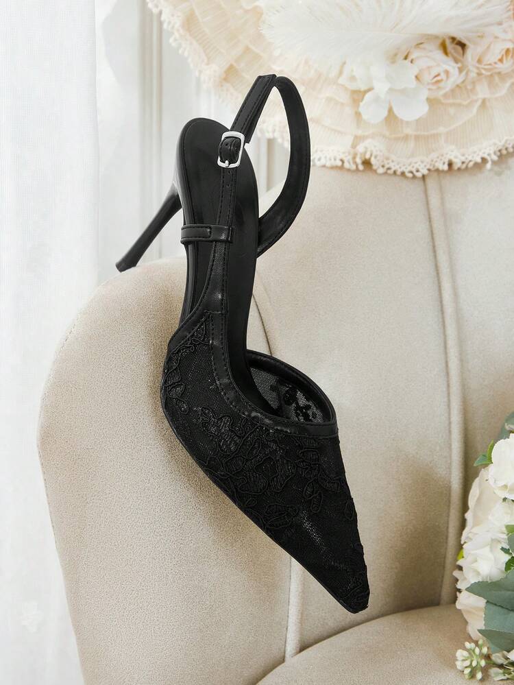 CUCCOO HITCHD Women Shoes Pointed Thin Heel Black Mesh Lace Simple Slingback Women's Slingback Shoes Wedding Party Banquet Simple Fashion Sexy Women's High Heel Shoes Women's Shoes