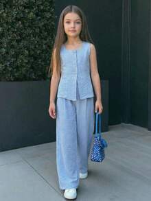 Firerie Kids 2pcs Tween Girls Casual Everyday Commute Light Blue Camisole Top And Leggings Set - Blue - View 1