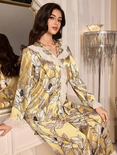 成熟优雅花卉魅力睡衣套装，法式浪漫花卉睡衣，荷叶边缎面翻领，休闲优雅女士睡衣套装