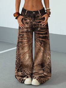 StreetHx 女士撞色豹纹斜插口袋时尚阔腿牛仔裤 - 彩色 - 查看 7