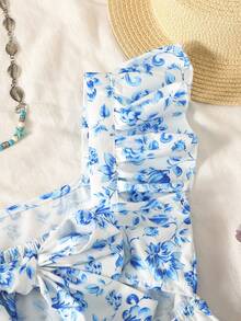 SHEIN Đầm in hoa thanh lịch dành cho bé gái tuổi teen, trang trí nơ và viền bèo nhún. - Xanh và trắng - Xem 5