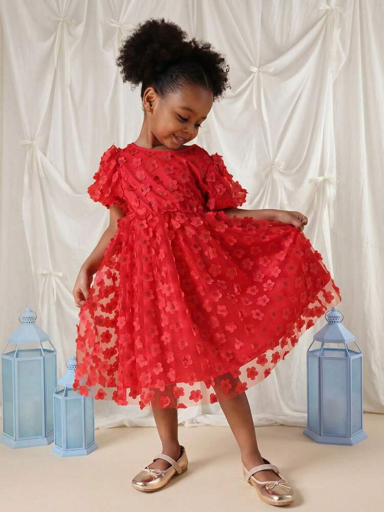 Red 3D Floral Applique Puff Sleeve Dress