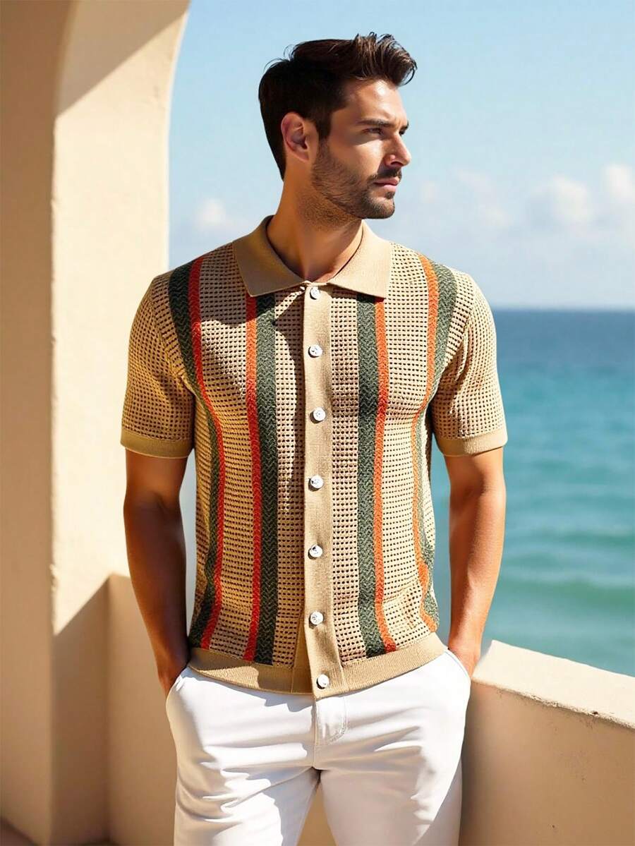 Manfinity Homme Men's Striped Short Sleeve Single-Breasted Casual Lightweight Cardigan Mens Stripe Shirt Men Knitted Button Up Crochet Men Shirt Apricot Shirt For Men Men Retro Shirt - Multicolor - View 1