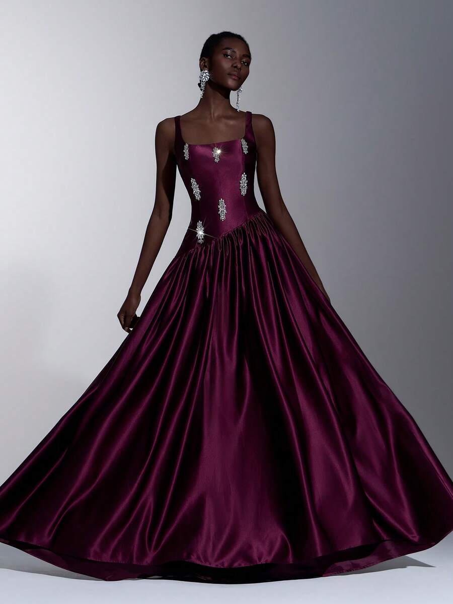 Elitara 优雅奢华的钻石花朵缎面褶皱长裙，适合婚礼、派对、度假、舞会、晚礼服等场合（重工装饰） - 酒紅色 - 查看 1