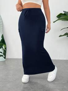 SHEIN EZwear 大码女式实用口袋休闲及膝半身裙，藏蓝色 - 藏蓝色 - 查看 6