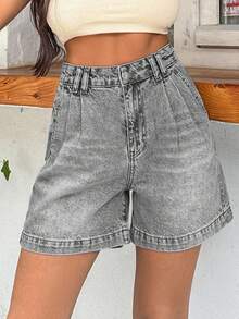 EURMUSE 100%Cotton HIGH WAIST PENS DETAILED STRAIGHT CUT SHORT - Grey - View 6