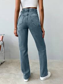 SHEIN Tall High Waist Snow Wash Straight Jean - Dusty Blue - View 2