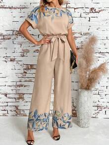 SHEIN Clasi 女士夏季印花休闲连体裤 女士夏季服装 - 卡其色 - 查看 4