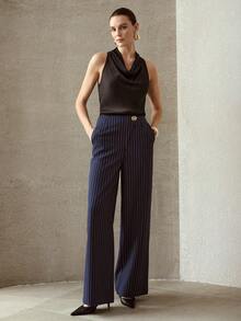 MOTF PREMIUM 女士藏蓝色条纹金属纽扣休闲裤 - 寶藍色 - 查看 5
