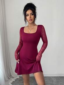 Rafferiza 修身短款连衣裙，方领，弹力蕾丝长袖 - 酒紅色 - 查看 7