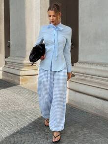 Siren Gaze 女士格子松紧腰休闲百搭日常灯笼裤 - 藍白色 - 查看 5