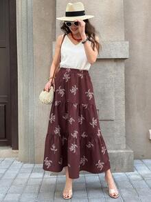 Solivie Women's Elastic Waist Floral Embroidery Pattern Casual Versatile Holiday Skirt - Rust Brown - View 5