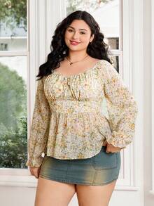 Solflare Plus Size Women's Vacation Ditsy Floral Front Tie Off Shoulder Long Sleeve Fashionable Blouse - Multicolor - View 9