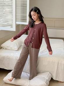 DAZY Conjunto de ropa informal para niña preadolescente con camiseta de tirantes de unicolor y pantalones anchos con cordón a la cintura a rayas - Marrón - Ver 7