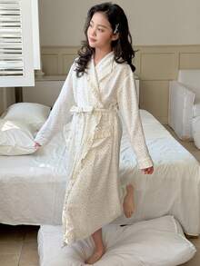 DAZY Tween Girls' Long Sleeve Dropped Shoulder Ruffle Polka Dot Loose Fit Loungewear - Beige - View 7