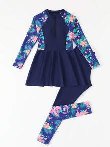 SHEIN Tween Girls Tankini 2-Piece Swimwear Set, Floral Print Sleeveless Crop Top With Black Skirt Bottom And Printed Leggings - Navy Blue - View 5