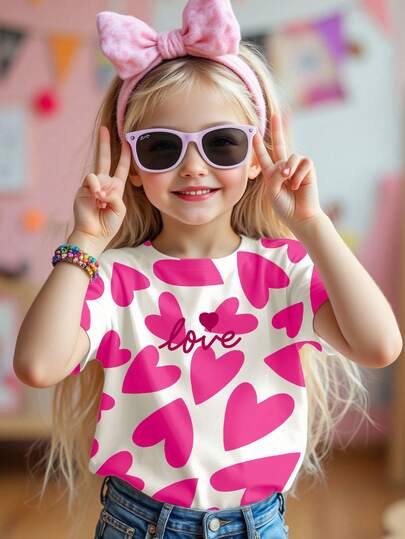 Camiseta básica de manga corta y cuello redondo para niñas pequeñas, con estampado gráfico de corazón tostado, en color rosa crema, adecuada para uso diario, vacaciones y atuendos de primavera/verano. Camiseta cómoda y casual con estilo para niñas, con vibras de San Valentín.