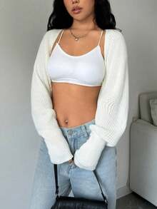 Cárdigan casual y versátil corto, tops de manga larga - Blanco - Ver 3