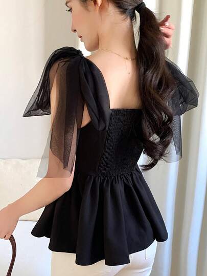 FRIFUL Women's Mesh Bodycon Ruffle Hem Patchwork Casual Camisole Layered Shirt