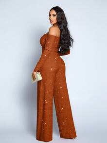 SOLERSUN Women's Fashionable Elegant V-Neck Off Shoulder Long Sleeve Party Night Club Sparkly Fabrics Jumpsuits, Suitable For Christmas Party Valentine's Day Dating - Rust Brown - View 2