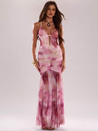 SHEIN BAE Modisches Damen Batik-Muster Plissee-Kleid, Sommer