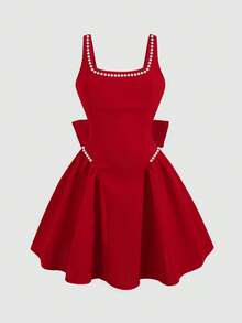 SHEIN Tween Girl Elegant Square Neck Sleeveless Pearl Decor Dress Tween Girl - Red - View 5