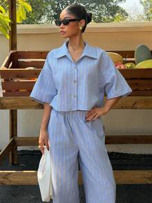 Muchica Women's Summer New Casual Vacation Striped Shirt And Pants Set - Blue - View 5