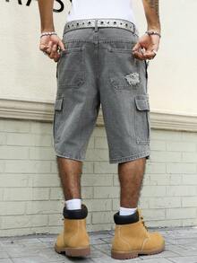 Manfinity EMRG Men's Casual Distressed Frayed Hem Grey Denim Shorts - Dark Grey - View 2