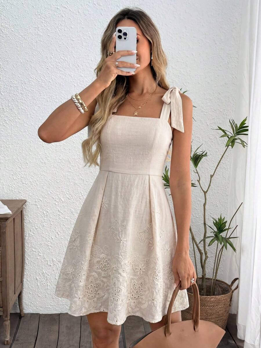 SHEIN LUNE Đầm ngắn nữ kiểu dáng thường ngày, thêu hoa, thích hợp cho kỳ nghỉ, đi làm, mặc hàng ngày, trang phục thời trang với dây buộc eo. - Màu be - Xem 1