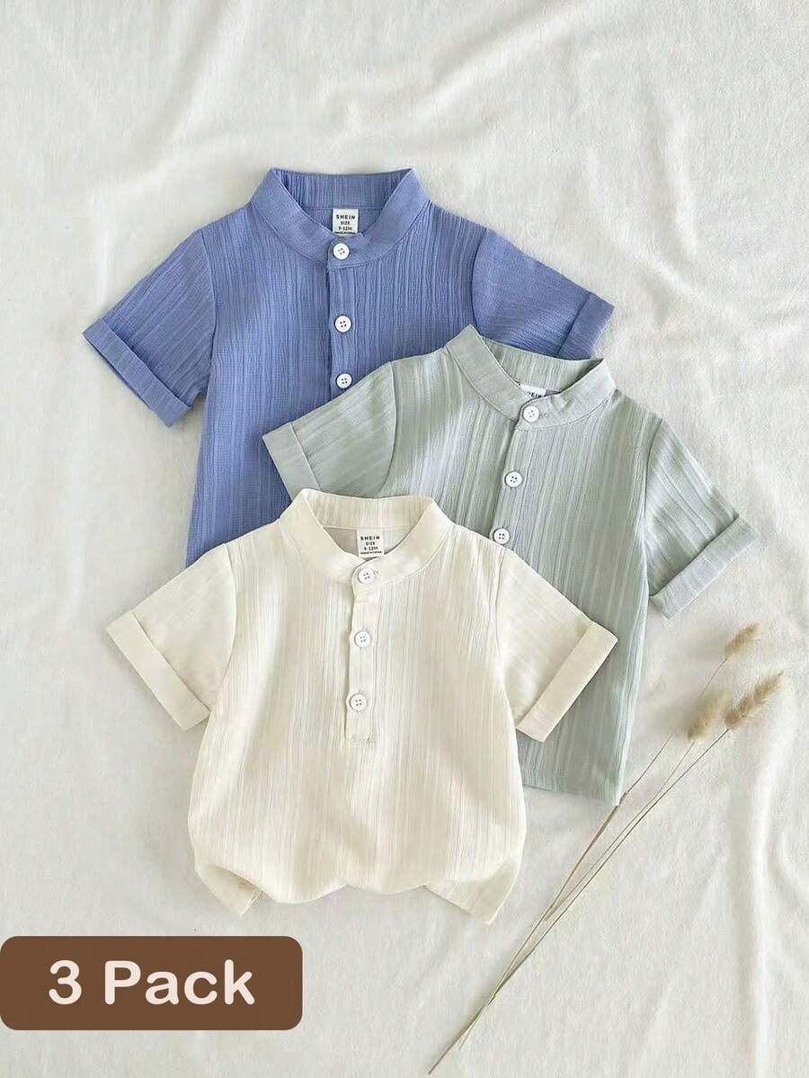 SHEIN Vintaside Kids 3件套幼儿男童纯色简约纽扣半开领衬衫,蓝色、杏色、绿色可选,梭织休闲柔软舒适短袖衬衫,适合日常穿着、旅行、聚会、春夏季节穿着。 - 彩色 - 查看 1