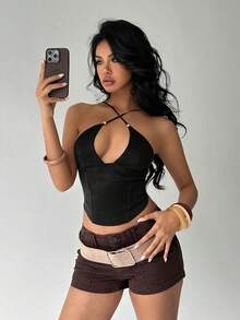 Aloruh Women's Solid Color Beaded Halter Backless Bodycon Fashionable Top - Black - View 7