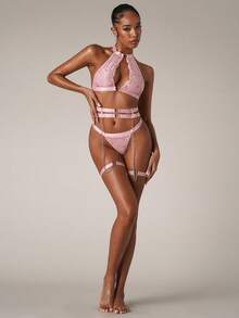 SHEIN BAE Floral Lace Ring Linked Garter Lingerie Set With 1pair Leg Ring - Baby Pink - View 3