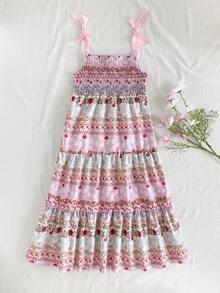 Vintaside Kids 1pc Girls' Summer Floral Print Ruffled Layered Pink Sundress With Bow Strap Fitted Dress - Multicolor - View 4