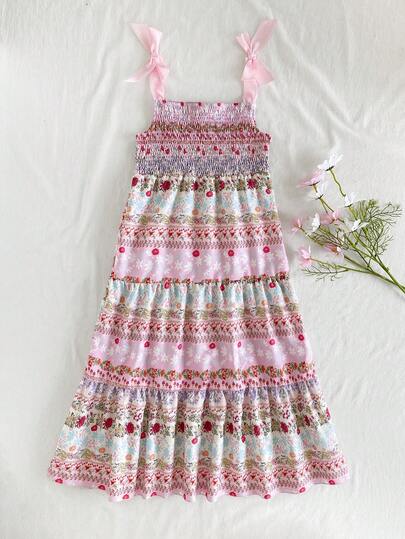 Vintaside Kids 1pc Girls' Summer Floral Print Ruffled Layered Pink Sundress With Bow Strap Fitted Dress