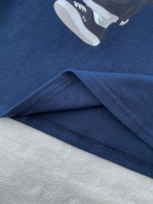 SHEIN Casual Everyday Cute Bear Graphic Fitted Crew Neck T-Shirt, Powder Blue For Teen Girls - Navy Blue - View 6