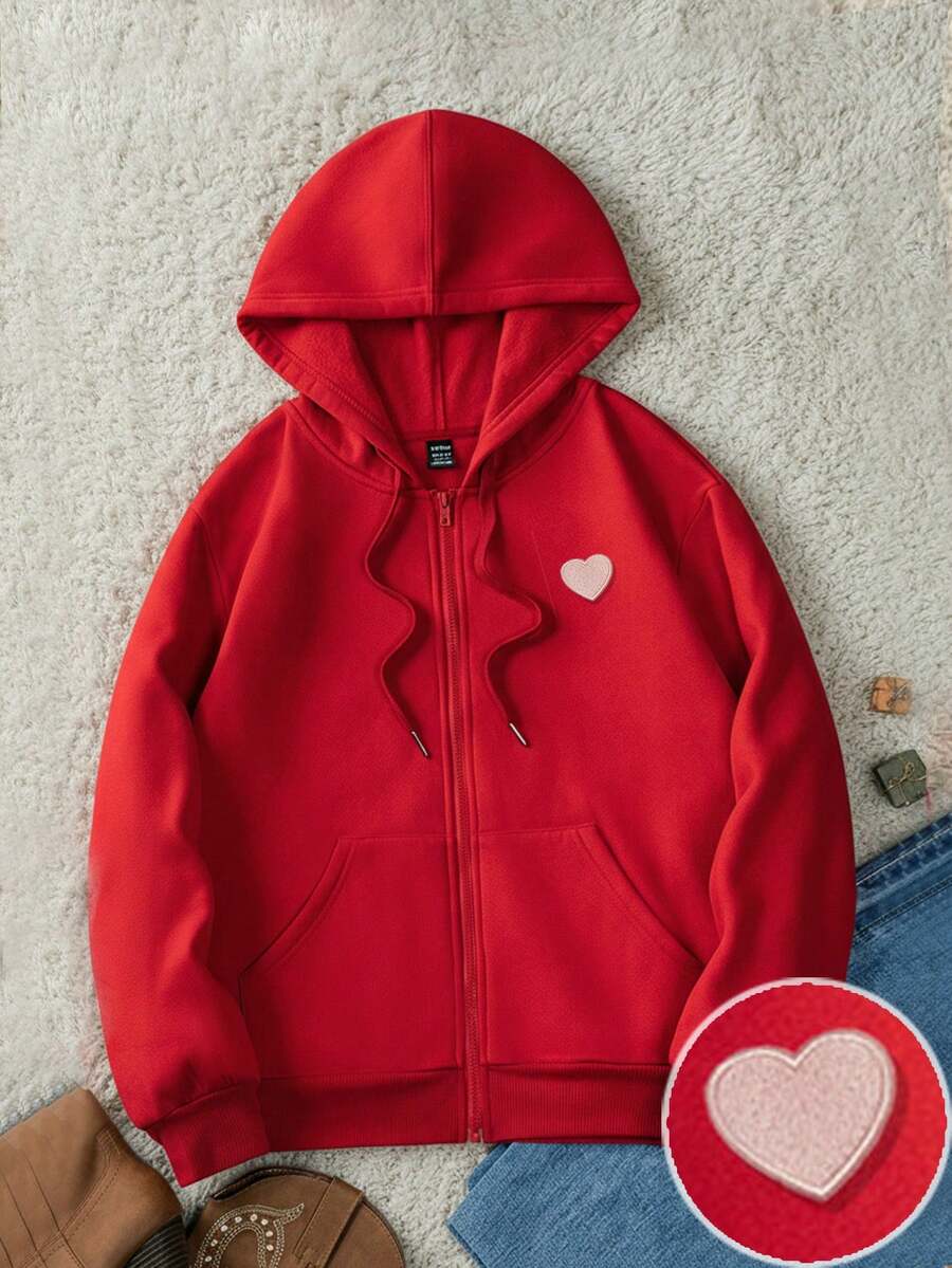Attitoon 1pc Women Loose Fit Zip-Up Sweatshirt With Heart Embroidery, Drawstring, Casual For Autumn/Winter, Valentine's Day, Red - Red - View 1