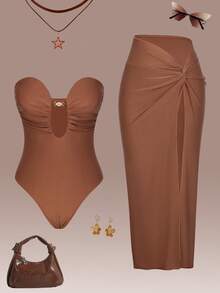 Swim Chiccia 1 bộ đồ bơi liền thân nữ màu trơn, chất liệu vải ngọc trai, kiểu dáng nhún bèo xoắn eo. - màu nâu - Xem 4