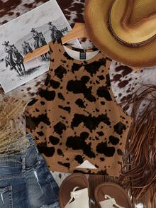 SHEIN EZwear Áo tank top nữ dáng ôm cổ tròn tối giản, thích hợp cho mùa hè, họa tiết da bò. - Nhiều màu - Xem 5