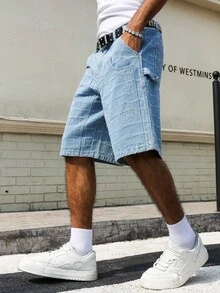 Manfinity Hypemode Men's Casual Streetwear Multi-Pocket Distressed Blue Denim Cargo Shorts - Light Wash - View 4