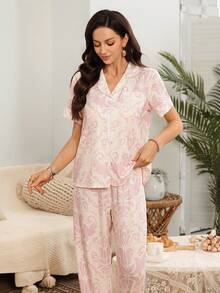 Serenescape Women's Casual Totem & Floral Print Lapel Short Sleeve Pajama Set - Multicolor - View 4