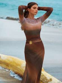 Swim Shayni Women's Middle Eastern Brown Tie-Dye Print Burkini Swimsuit, Bohemian Fashion Beach Vacation, Spring/Summer - Brown - View 4