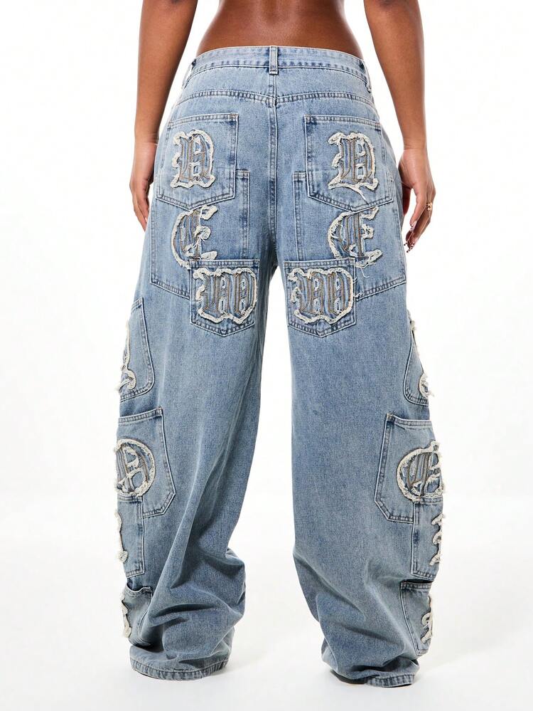 SUMWON WOMEN Wide Leg Denim Jeans With Letter Applique