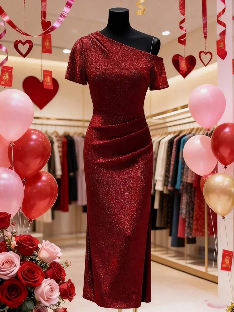 Franclia Vestido de punto brillante, refinado, romántico y elegante al estilo francés para mujer, color burdeos, adecuado para fiestas de cóctel, reuniones, citas, celebraciones de Año Nuevo y talla grande. Presenta un diseño asimétrico de hombros, cintura plisada, abertura y una silueta sexy tipo ajustado. Un vestido sofisticado para mujer, vestido rojo, vestido de verano, vestido de fiesta para mujer, vestido de fiesta largo, Día de San Valentín, nuevo vestido de verano para mujer. Atuendo para la temporada de graduación, ropa casual y elegante para ir al trabajo, ropa de oficina profesional, uso casual versátil y elegante para el día a día, atuendo profesional urbano para maestros. - Rojo - Añade 3