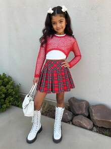 ChillGRL Casuvi 儿童三件套圣诞套装，适合青少年女孩，包括针织华夫格圆领毛衣、吊带背心和格纹百褶裙，适合日常休闲穿着、节日派对以及春秋季度假。 - 紅色 - 查看 3