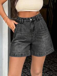 EURMUSE 100%Cotton HIGH WAIST PENS DETAILED STRAIGHT CUT SHORT - Light Grey - View 5