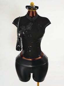 Mistrie Women's Mesh Embroidered Beaded See-Through Camisole, New Chinese Style Vacation Boho Sexy Plain Plaid Striped Casual - Black - View 1