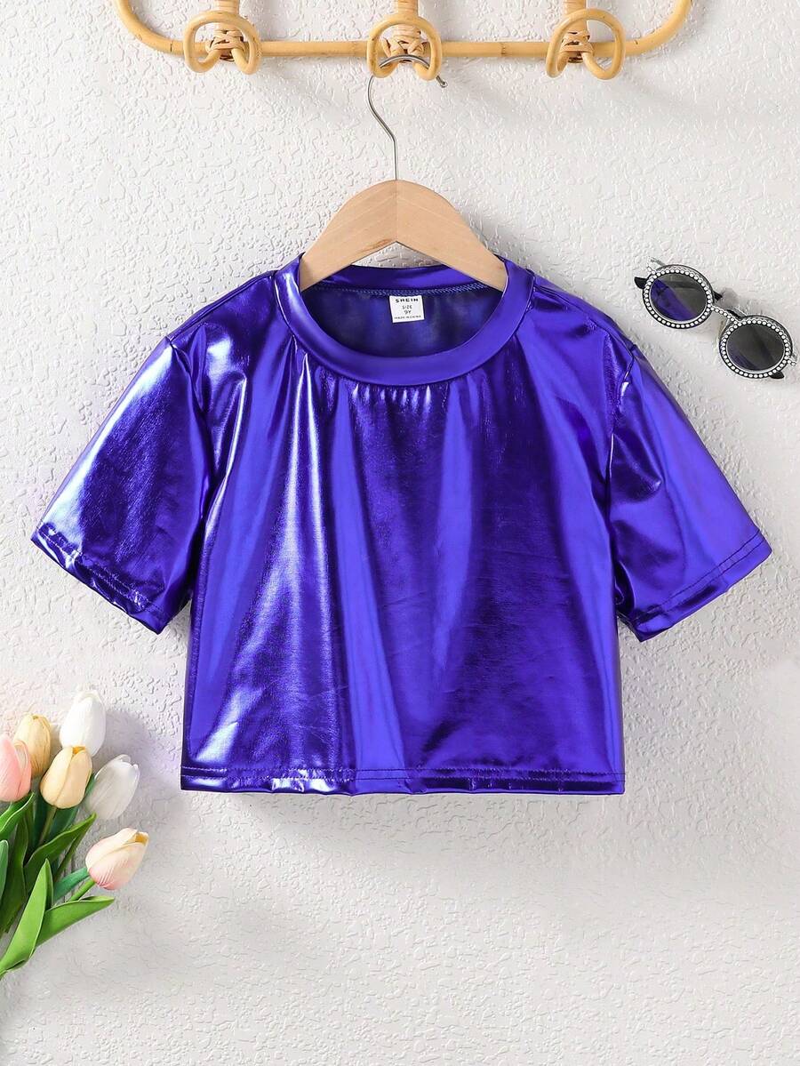 Sparklyn Áo thun tay ngắn cổ tròn màu trơn, kiểu dáng thường ngày, đa năng dành cho bé gái tuổi teen. - Màu xanh lam - Xem 1