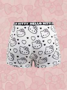 HELLO KITTY AND FRIENDS | SHEIN 3条装女士可爱卡通爱心字母全印花松紧腰平角短裤 - 粉色 - 查看 7