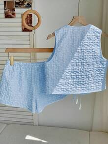 Comfortcana Conjunto informal de top de tirantes con cuello en V trenzado y pantalones cortos en color azul claro para mujer - Celeste - Ver 2