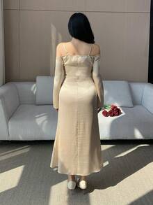 DAZY Women's Elegant Solid Light Yellow Open Shoulder Pleated Asymmetric Midi Dress, Spring/Summer Wedding Guest Dress Sundress Off The Shoulder - Light Yellow - View 2